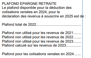 exemple de section de l'avis d'imposition informant de plafond disponible pour la déduction des cotisations versées