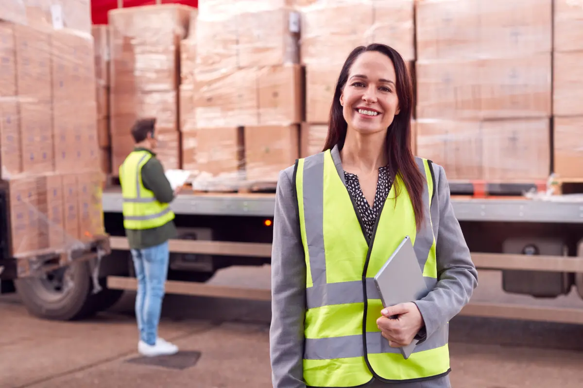 femme souriante responsable d'un camion de marchandises